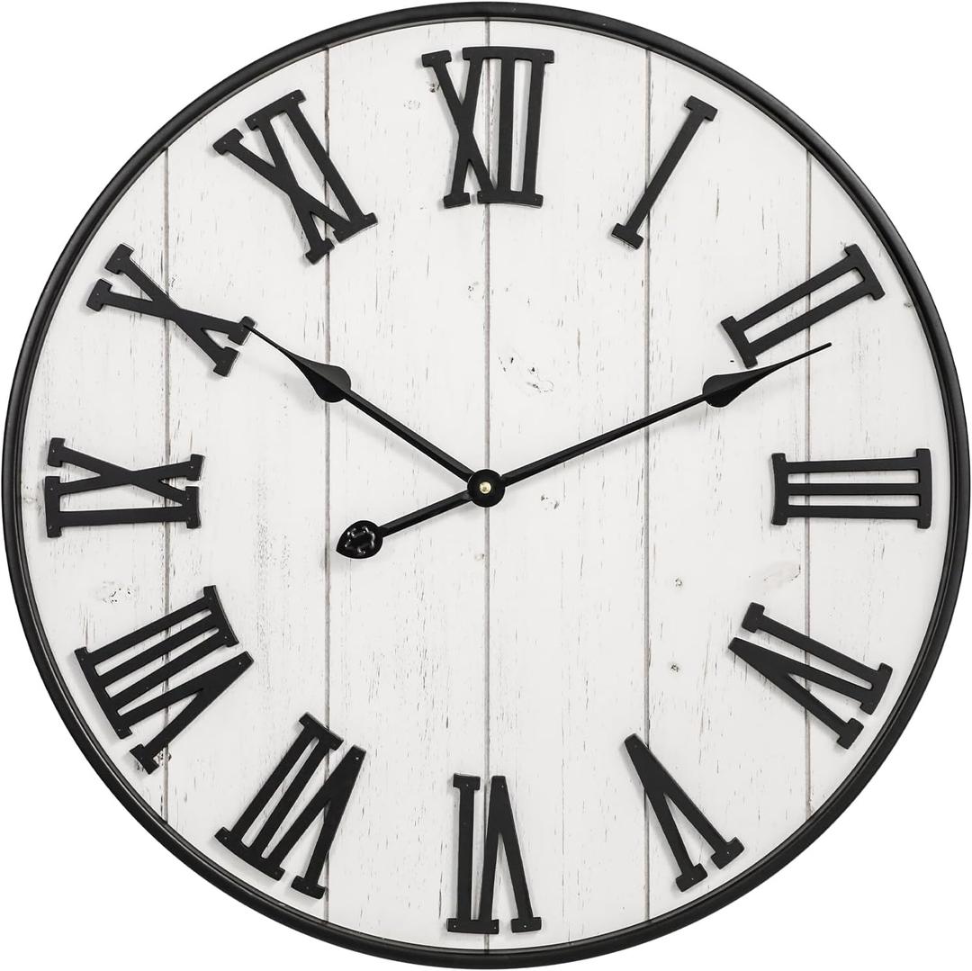 Large Rustic Wooden Wall Clock, 24 Inch Whitewashed Farmhouse Wall Clock with Carved Roman Numerals, Silent Battery Operated Round Vintage Clock for Living Room, Kitchen, Bedroom, Study Room
