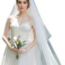 ROSEEDEN 2 Tiers plain Veil wedding bridal woman long veil soft tulle cut edge veil with metal comb (2 Tiers Length 31"+118" Width 118", Off white)