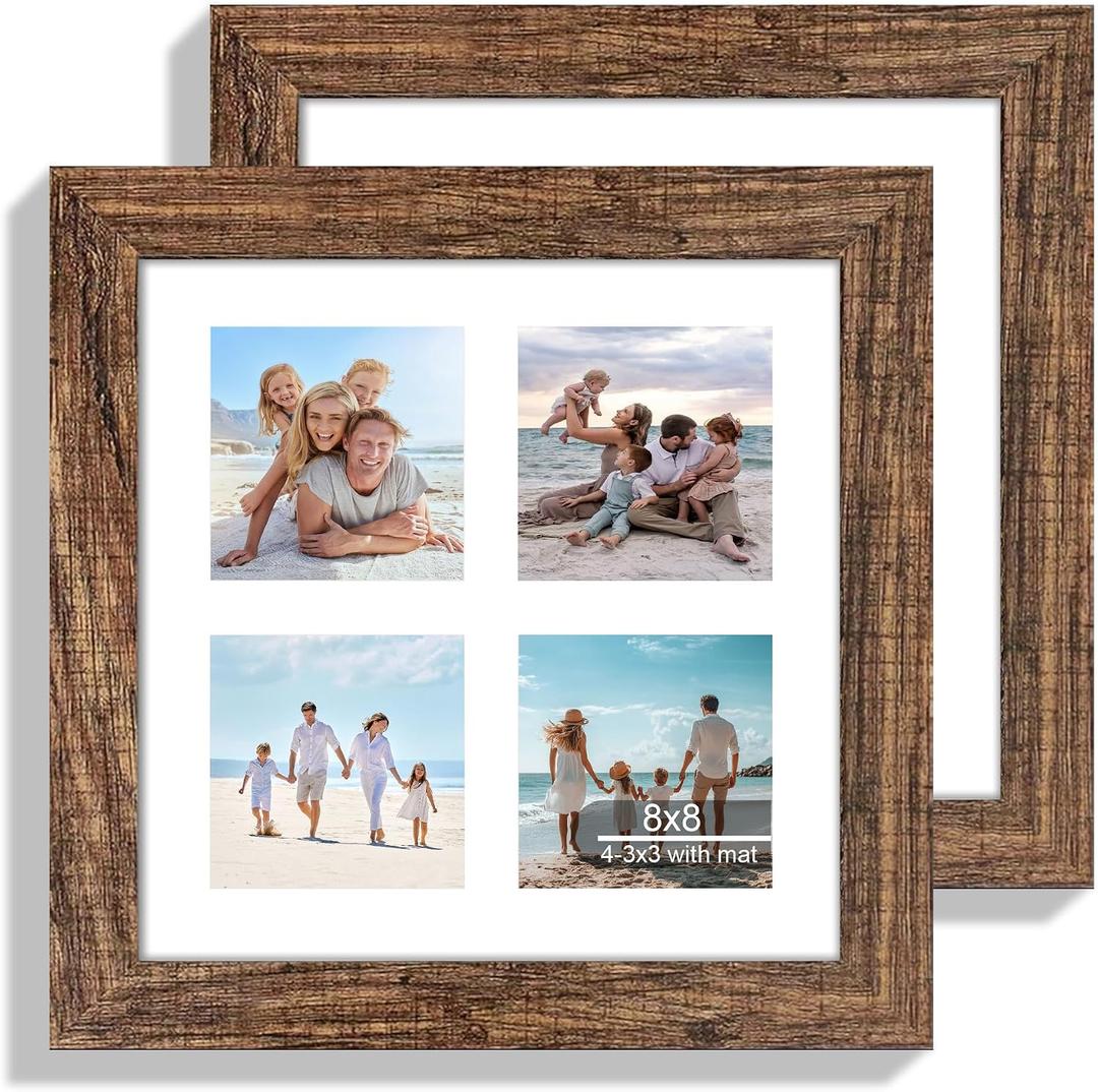 Hongkee 8x8 Picture Frame Set of 2, with Glass and Rustic Brown Wood Frames, Display Collage Four Opening 3x3 With Mat or 8 x 8 Without Mat for Wall Hanging or Tabletop, 8x8 in matted to 4-3x3