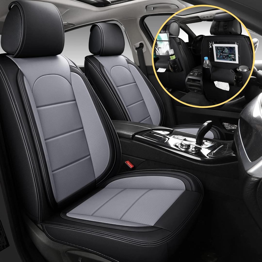 AOOG Leather Car Seat Covers with Car Backseat Organizer, Universal Automotive Vehicle Seat Cover for Most Sedan SUV Pick-up Truck, Full Set, Black&Grey