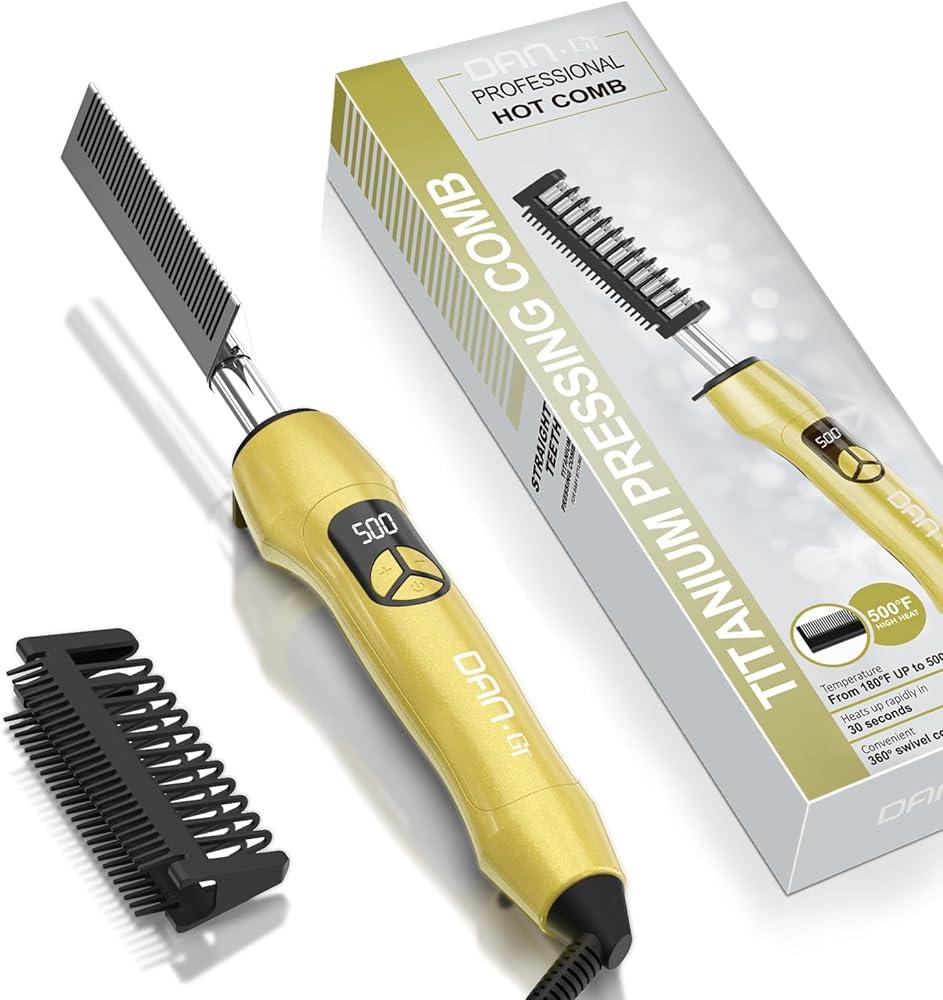 DAN Technology Titanium Anti-Scald Electric Hot Comb Hair Straightening Brush for Wigs Adjustable, Pressing Combs for Black Women Hair Styling, Gold