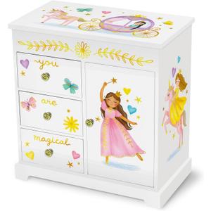 Giggle & Honey Princess Musical Jewelry Box for Girls - Kids Music Box with Drawers, Fairytale Gifts for Girls Birthday, Princess Jewelry Boxes for Ages 3-10 - 9 x 5 x 9.3 in, White