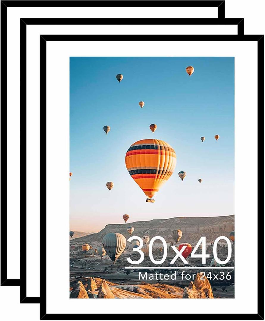 30x40 Picture Frame with 24x36 Mat Set of 3, Display Photo 24x36 inch with Mat or 30 x 40 inch Without Mat, Wall Hanging Large 30 by 40 Poster Frame with Plexiglass, 3 Pack, Black