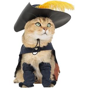 EOILFM Pet Cat Dog Puss in Boot Costume Cosplay Halloween Cute Kitten Puppy Clothes Dress up Pretend Play with Cloak Hat Belt Cape Accessories, Small, Black