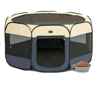 Portable Indoor Dog Playpen for Small Dogs & Puppies by A 4 Pet  40.55" Pop-Up Soft Puppy Playpens with Bowl, Waterproof Floor, Calm Safe Space for Home, Travel & Daily Use (Blue+Beige)