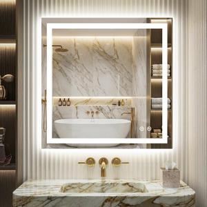 Delma LED Vanity Mirror with Lights 30x30 Inch, Front & Backlit Bathroom Mirror, Dimmable 3 Color Lighting Anti-Fog Wall Mounted Mirror, Shatterproof Tempered Glass, Horizontal or Vertical