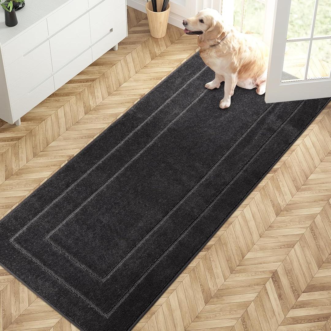 PURRUGS Dirt Trapping Door Mat 32" x 70", Non-Slip/Skid Machine Washable Entryway Rug, Dog Doormat, Super Absorbent Welcome Mat for Muddy Wet Shoes and Paws, Charcoal