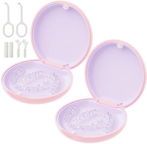 2 Pack Retainer Case, Compatible with Invisalign, Slim Aligner Case with Removal Tool, Aligner Seaters & Brush, Pocket Size Secure Magnetic Closure for Travel - Pink