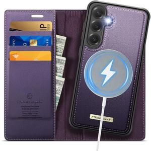 Wallet Case for Samsung Galaxy S25 Compatible with Magsafe, 2-in-1 PU Leather Flip RFID Blocking Card Holder Stand Shockproof Magnetic Detachable Cover for Galaxy S25 Case, Fashion Purple