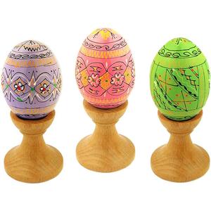 Religious Gifts 3 Pastel Color Ukrainian Wooden Easter Hand Painted Eggs Pysanky on Stands Egg Holders 3 1/2 Inch