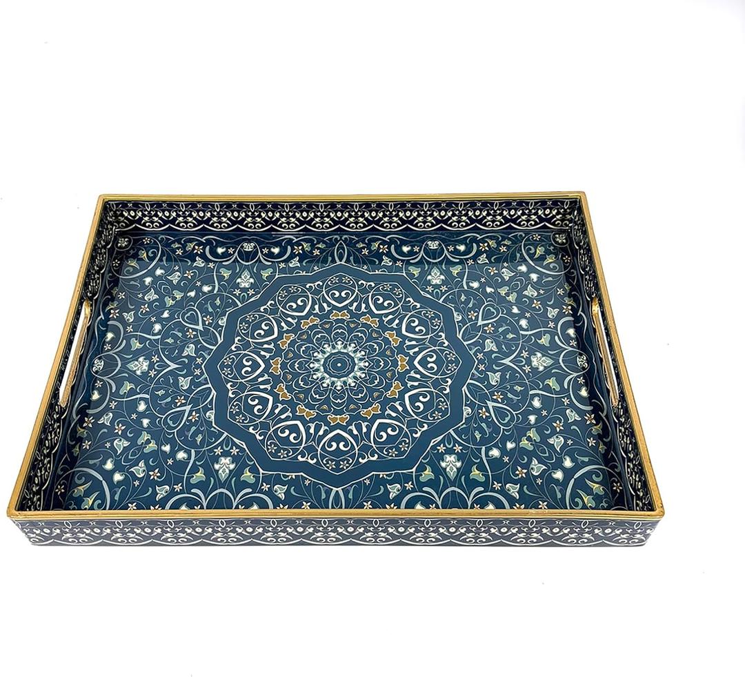 Large Plastic Serving Tray with Handles,Square Modern Large ServingTray,Coffee Table Tray for Ottoman, Living Room and Home Decorative Tray,16"X12"