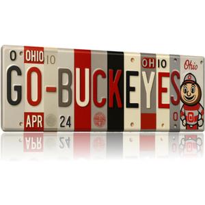 Ohio State Buckeyes Go Buckeyes License Plate Sign - Metal Wall Art 16x6 Inch Aluminum - Scarlet Gray - Big Ten Fan Cave Dorm Decor - UV-Resistant Ready to Hang College Wall Sign