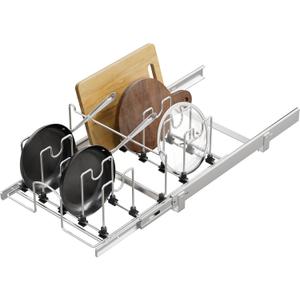 Pull Out Pots and Pans Organizer Under Cabinet, Sliding Adjustable Pot Rack with 11 Adjustable Dividers, Chromeplating Pot and Pan Holder Rack, Full-Extension Rail 15" W X 22" D