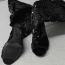 CAMSSOO Thigh High Boots Women's Sequins Over The Knee Boots Fashion Sexy High Heels Sparkle Thigh High Boots Open Toe Party Dance Stiletto Knee High Boots (10, Black)