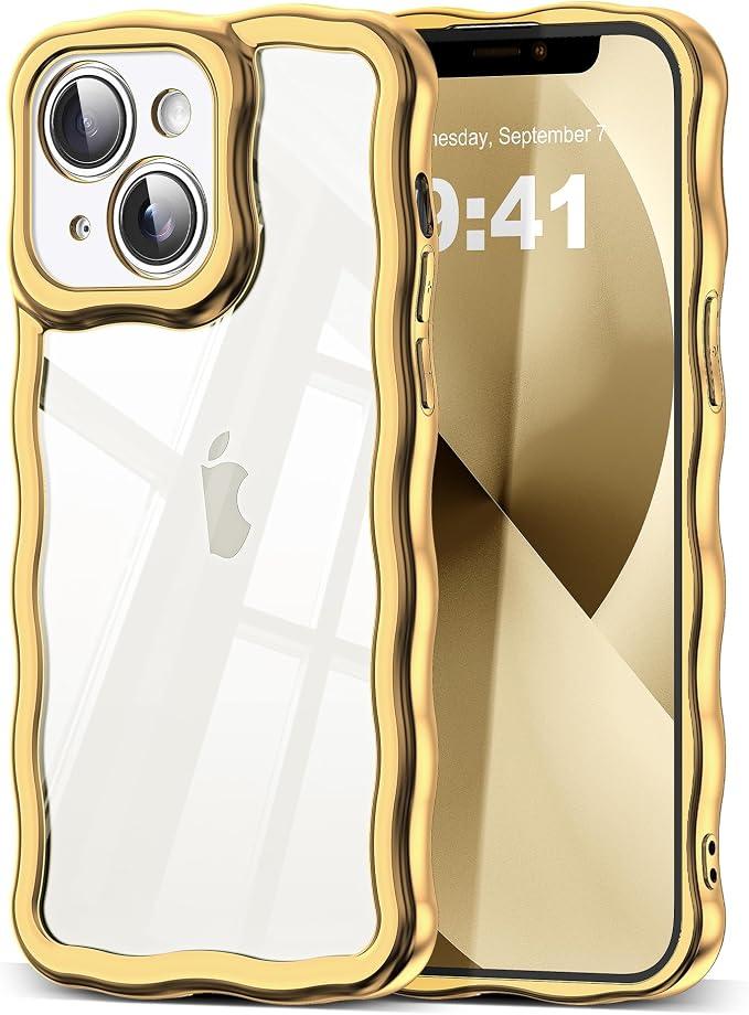 SKYLMW Compatible with iPhone 13 Case, Kawaii Cute Curly Wave Frame Luxury Plating Edge, Stylish Glossy Clear Back, Soft TPU Shockproof Protective Cases for iPhone 13, Gold