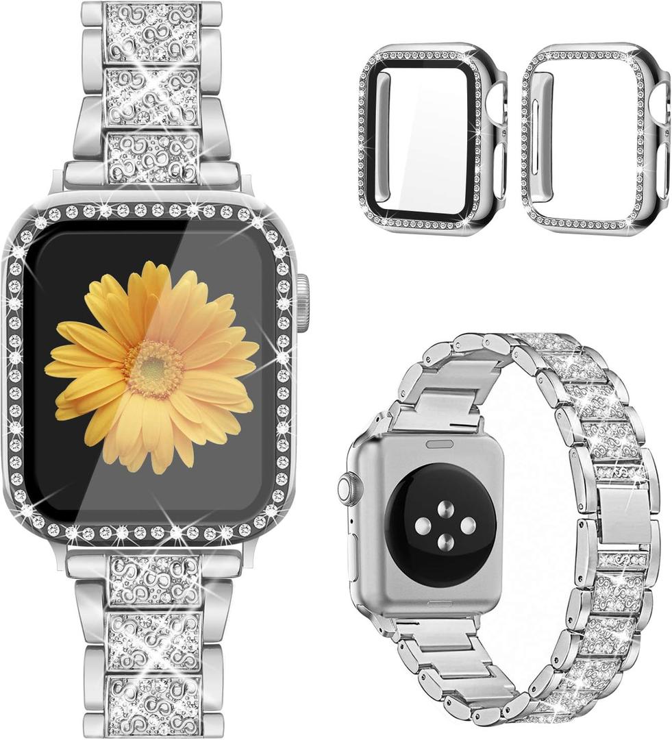 Mesime Compatible for Apple Watch Band with Screen Protector Case, Jewelry Replacement Bands 45mm 2 Pack Protective Cover for iWatch Series 9/8/7 Women (Silver)