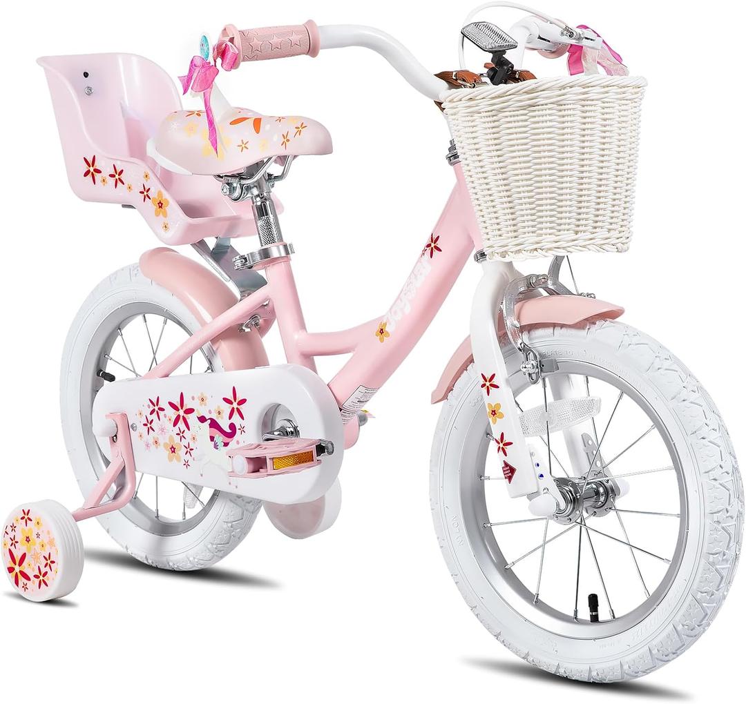JOYSTAR Unicorn Kids Bike for Girls Ages 2-9 Years Old, 12 14 16 18 Inch Kids Bike with Training Wheels, Doll Seat, Streamers and Basket, Toddler Girls Bike, Multiple Colors (Pink)
