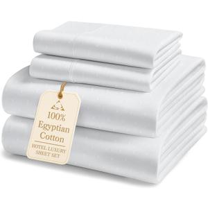 LANE LINEN 100% Egyptian Cotton King Size Sheets Set, Soft & Comfy Luxury Hotel Style Thick Deep Pocket King Sheet Set, No Pill Natural Cooling Elegant Jaquard Swiss Dot White Sheets