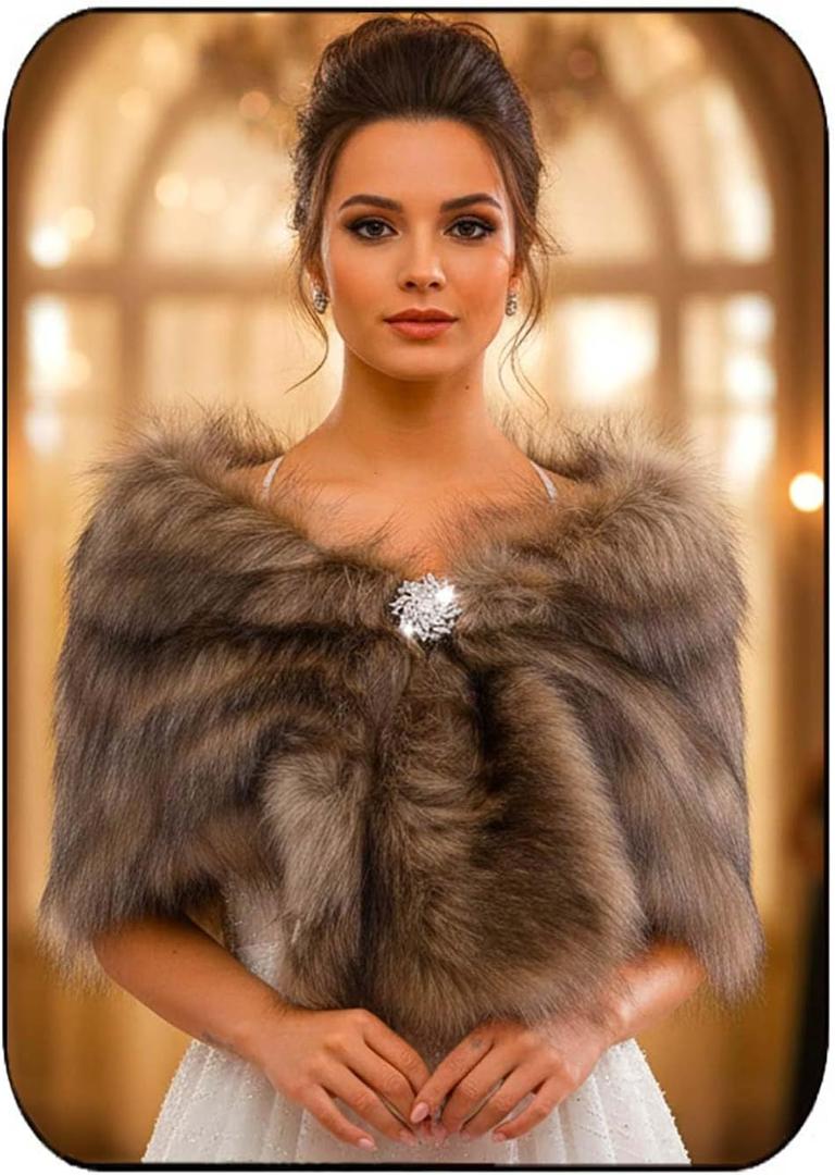 EASEDAILY Women's Fur Shawls and Wraps Wedding Fur Scarf Faux Bridal Stole with Brooch for Brides and Bridesmaids, S-M