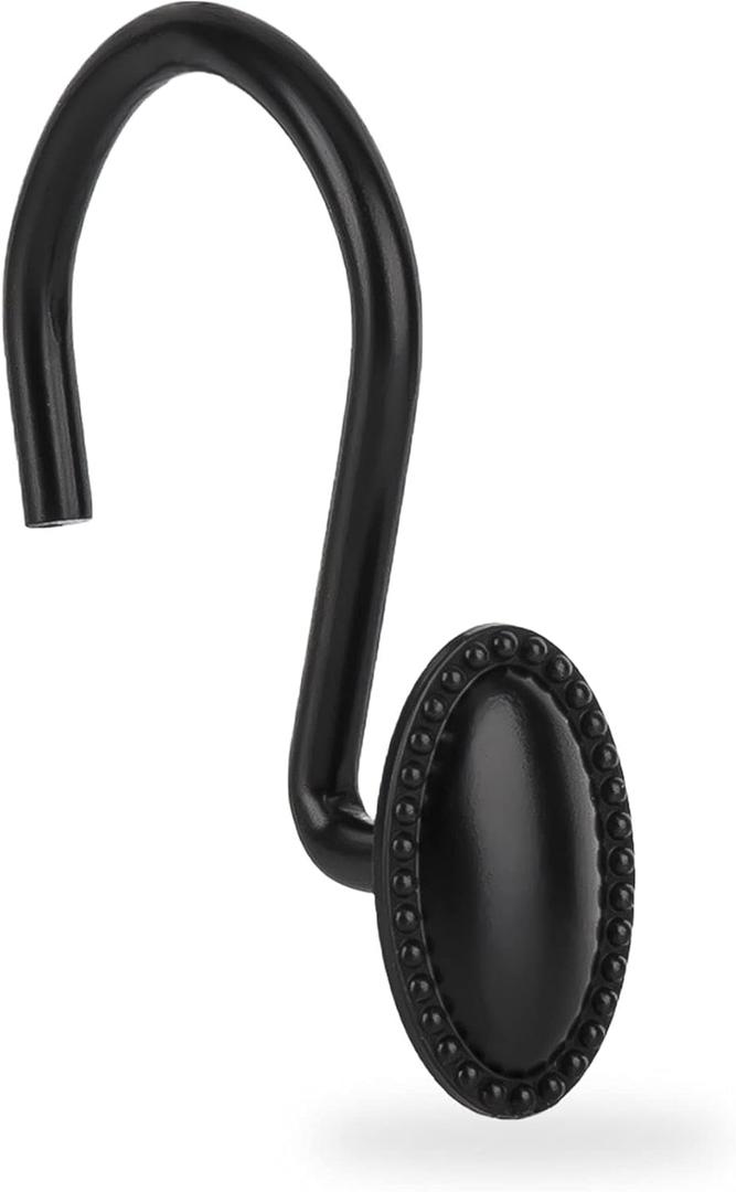 Shower Curtain Hooks, Set of 12, Black, Zinc, Rust Resistant, Decorative, Matte Black, Regular Size, Suitable for Standard Straight or Curved Shower Curtain Poles
