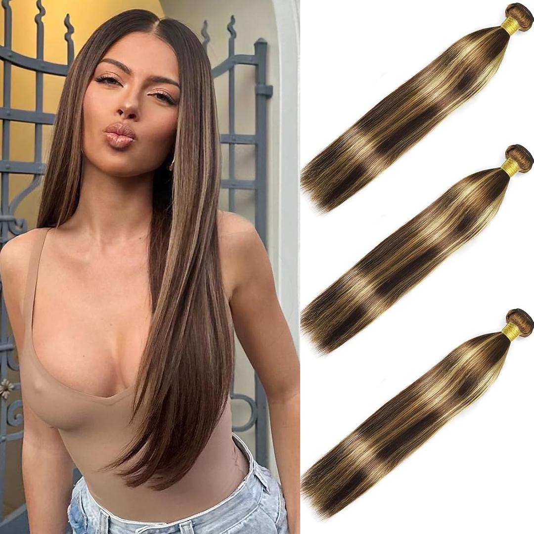 16 18 20Inch Straight Blonde Highlight Bundles Human Hair Honey Blonde Human Hair Bundle 300g/Pack Brazilian Remy Sew in Hair Weave for Women (P4/27,Brown and Honey Blonde)