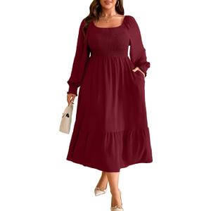 Women's Fall Dresses 2025 Puff Long Sleeve Square Neck Dress High Waist Smocked A-Line Flowy Wedding Party Plus Size Maxi Dress with Pockets Red 3XL