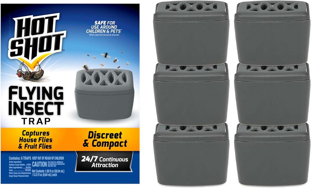 Hot Shot Flying Insect Trap, Discreet, Hassle-Free Trap Attracts, Captures House Flies and Fruit Flies, 24/ 7 Continuous Attraction, No Plug-in Or Electricity Needed, 6 Count