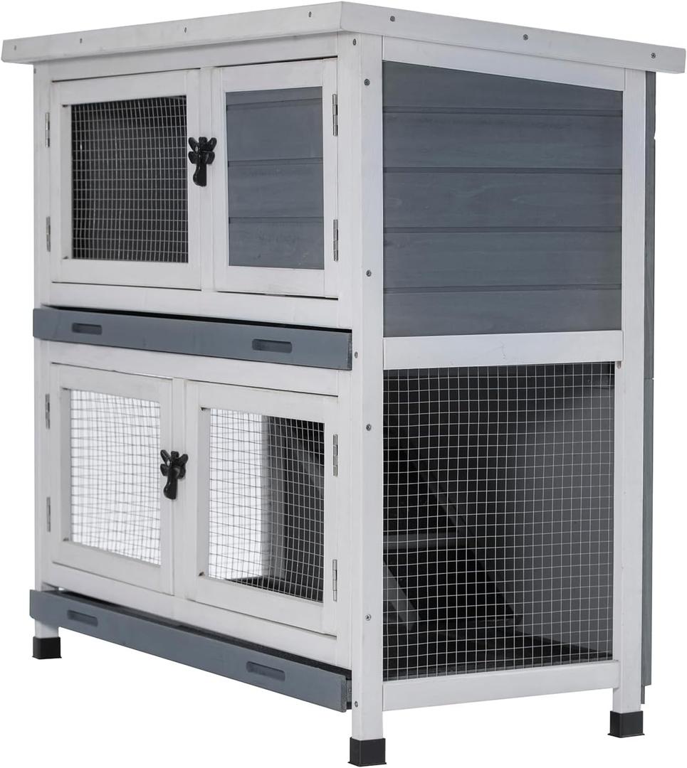 2 Story Solid Wood Rabbit/Bunny Hutch with 2 Large Main Rooms, Indoor Outdoor Rabbit House Guinea Pig Cage Pet House for Small Animals with Ventilation Door Removable Tray Waterproof Roof (Grey) 2 Story Solid Wood Rabbit/Bunny Hutch with 2 Large Main Rooms, Indoor Outdoor Rabbit House Guinea Pig Cage Pet House for Small Animals with Ventilation Door Removable Tray Waterproof Roof (Grey)