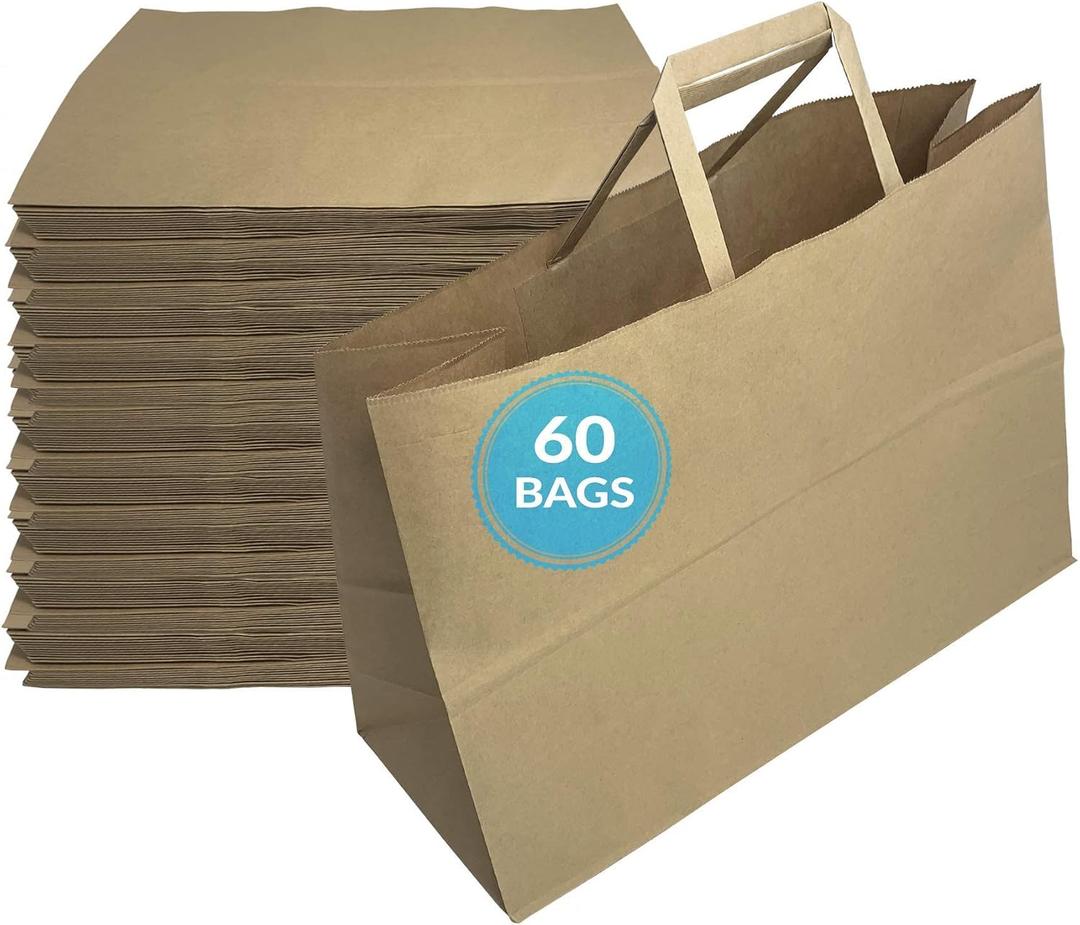 Reli. Paper Shopping Bags | 60 Pcs | Large 16"x6"x12" | Brown Paper Bags with Handles | Heavy Duty, 68 lbs Basis | Kraft With Wide Base | Take Out/To Go, Retail, Shopping, Restaurant, 1 count