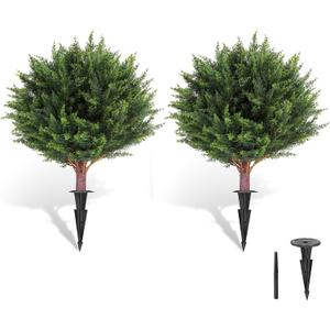 LadyRosian Artificial Cypress Topiary Tree, 25 Inch 2 Set Outdoor Faux Cypress Bush Plants,Indoor Ball Trees with Ground Spike, Fake Potted for Home Front Porch Decor Outside Garden