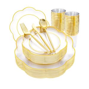 EI 180pcs Clear Plastic Plates with Gold Plastic Silverware, Plate for Party,Clear Dinnerware Set,Heavy Duty Plate for Wedding,Afternoon Tea,Spring,Mother's Day,Valentine's Day,Easter