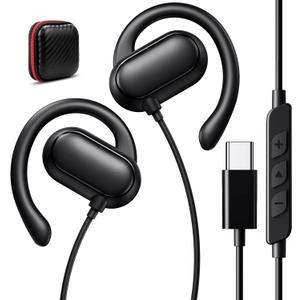 USB C Headphones Wired Earbuds Open Over Ear Buds for Apple/Android USBC Type C Earphones Wire Corded for iPhone 17 17e 16 16e 15 Pro Wrap Around Ear Hook for Samsung S26 Ultra S25 S24 S23 Plus Black