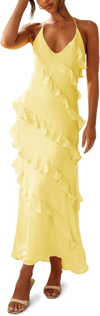 Wenrine Womens Sexy Chiffon Halter Maxi Dress Sleeveless Backless Ruffle Tassel Party Club Dresses (Medium, Yellow)