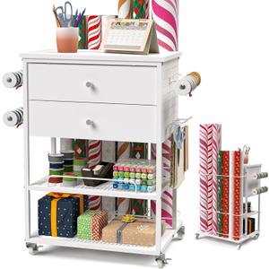 Wrapping Paper Storage Cart, Rolling Gift Wrap Station with Ribbon and Gift Bag Storage, Wrapping Paper Organizer Holder, Craft Organizers and Storage