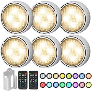 Onumii LED Puck Lights Battery Operated LED Under Cabinet Lighting Wireless Stick on Tap Lights with Remote Controll Color Changing Timer Function for Cabinets, Shelves, Closets - 6Pack White