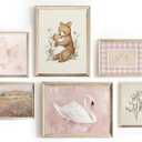 Vintage Nursery Wall Art Pink Baby Girl Room Decor Floral Bear Swan Canvas Prints Animals Plant Artwork Country Posters for Kids Room Bedroom 8x10x4 12x16x2 lnch Unframed (10L''x8W''poster)