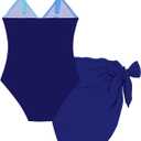 Funnycokid Girls One Piece Swimsuit Color Block Teen Bathing Suit with Pad Cover Up Skirt(7-16Y)