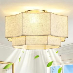 RUIYEY Remote Ceiling Fans with Lights: 20" 2-Tier Fabric Caged Flush Mount Ceiling Fan, 7 Blades 6 Speeds DC Reversible E26 4 Light Modern Low Profile Fandelier for Bedroom Kitchen Living Room