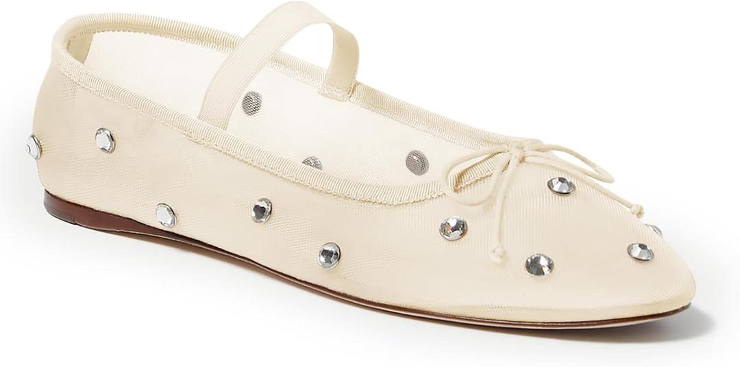 Coutgo Womens Mesh Ballet Flats Crystal Rhinestone Studded Comfortable Mary Jane Dress Shoes (Beige)