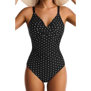Women's One Piece Swimsuits Tummy Control Lace Up Bathing Suits V Neck Slimming Swim Suit Front Cross Wrap Swimwear (Black, M)