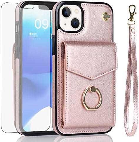 Asuwish Phone Case for iPhone 13 Mini 5.4 inch Wallet Cover with Tempered Glass Screen Protector and RFID Ring Credit Card Holder Cell iPhone13mini i-Phone 13minicase i iPhone13 13mini Women Rose Gold