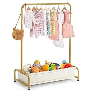 Atrastout Kids Clothing Rack-Portable Kids Clothing Rack with Storage Shelf - Toddler Garment Organizer for Baby Clothes, Dance Costumes, Girls Gift Ideas（Bright Gold）