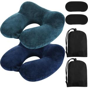 Sintuff 2 Pack Inflatable Travel Pillow for Airplanes Inflatable Neck Flight Pillows with Compact Bag and Blindfold for Traveling, Airplane, Train, Car, Office(Peacock Green and Blue)