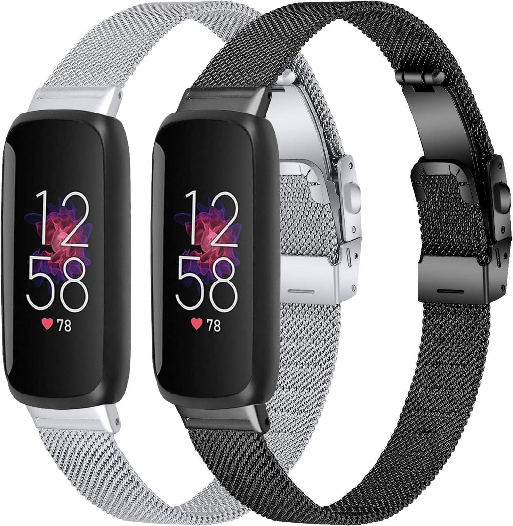 FitTurn 2PACK Slim Band Compatible with Fitbit inspire 3 SmartWatch, Mesh Stainless Steel Adjustable Watchband Wristbands Bracelet Watch Band for Fitbit inspire 3 Health & Fitness Tracker (Black,Silver)