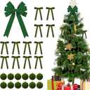 25 Pcs Olive Green Velvet Tree Topper Christmas Ornaments Include Large Christmas Bows Tree Topper 12 Xmas Velvet Balls 12 Green Bows for Xmas Holiday Door Fireplace Wall Party Decor