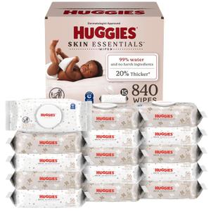 Huggies Skin Essentials Baby Wipes, Hypoallergenic, 99% Water, 15 Flip Top Packs (840 Wipes Total) (White)