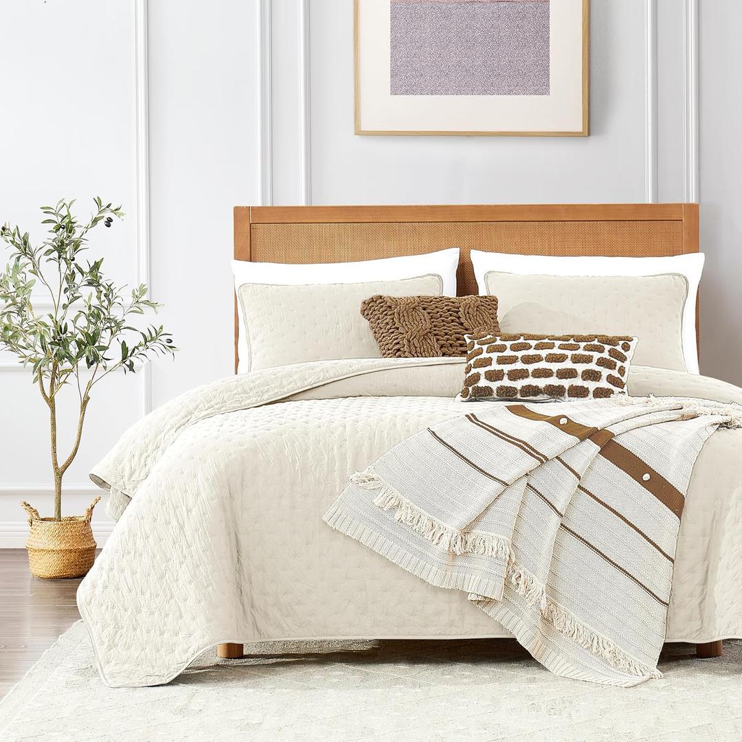 ROARINGWILD Ivory King Size Quilt Bedding Sets with 2 Pillow Shams, Cream Lightweight Soft Bedspread Coverlet, Thin Comforter Bed Cover for All Season, 3 Pieces, 104x90 inches (Ivory (Yellow Hues))
