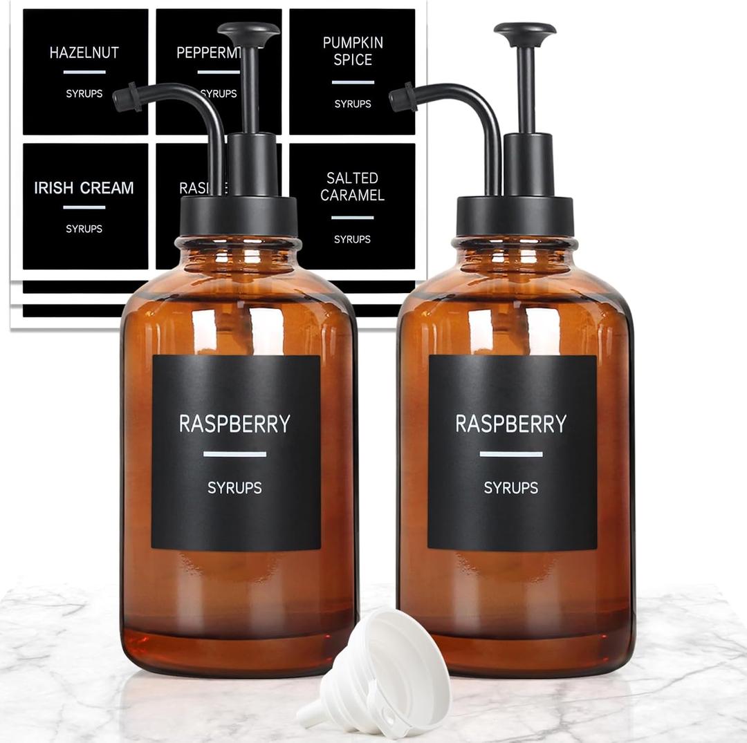 Coffee Syrup Dispenser, Set of 2 Amber Glass Syrup Bottle w. Pump and Labels, 16.9 oz 500ml Glass Syrup Bottle with Pump, Farmhouse Syrup Dispenser for Coffee Bar, Ideal Gift
