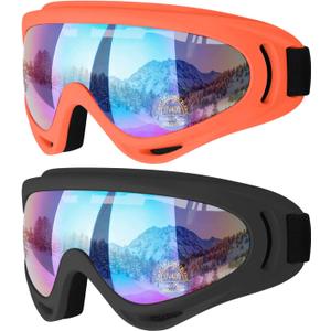 COOLOO Ski Goggles, 2 Pack Snow Goggles Snowboard Goggles for Men Women Kids - UV Protection Foam Anti-Scratch Dustproof (One Size, 09.black/Orange)