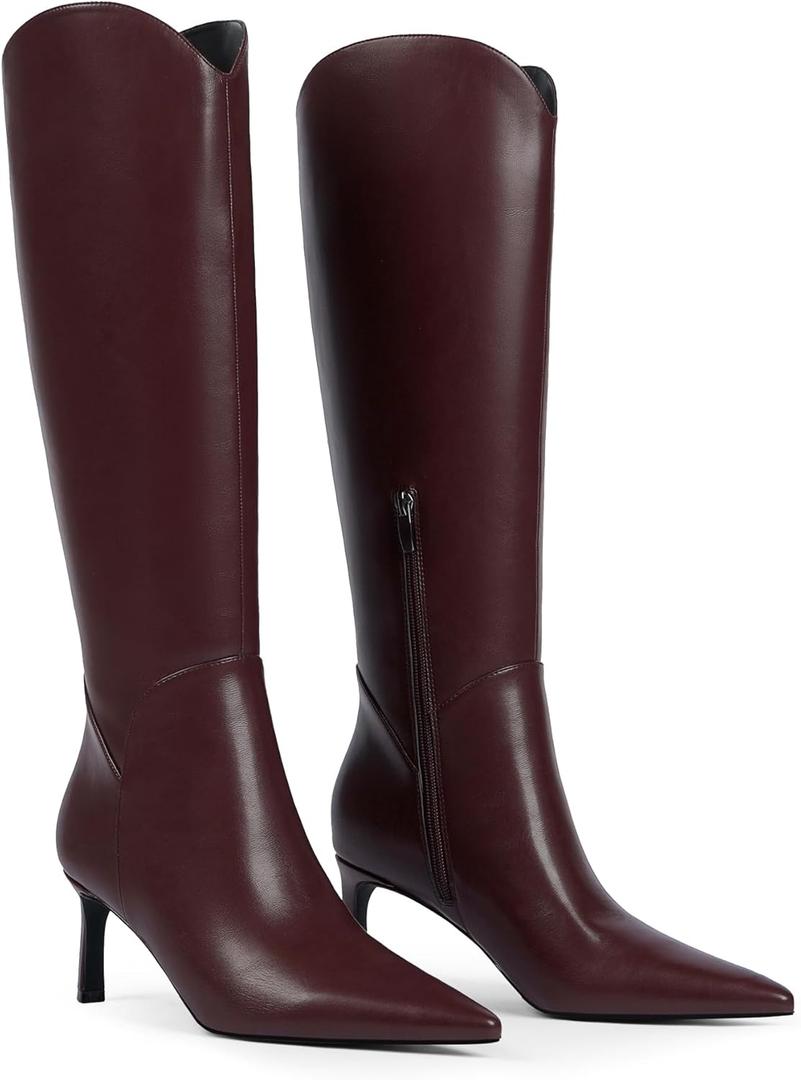 QIY Women Knee High Boots Pointed Toe Kitten Heel Tall Boots for Women Side Zipper Fall Knee High Boots (8.5)